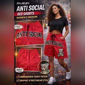 Rue21 “ANTI SOCIAL” Red Fleece Shorts 2XL | Graphic Streetwear + Teddy Patch
